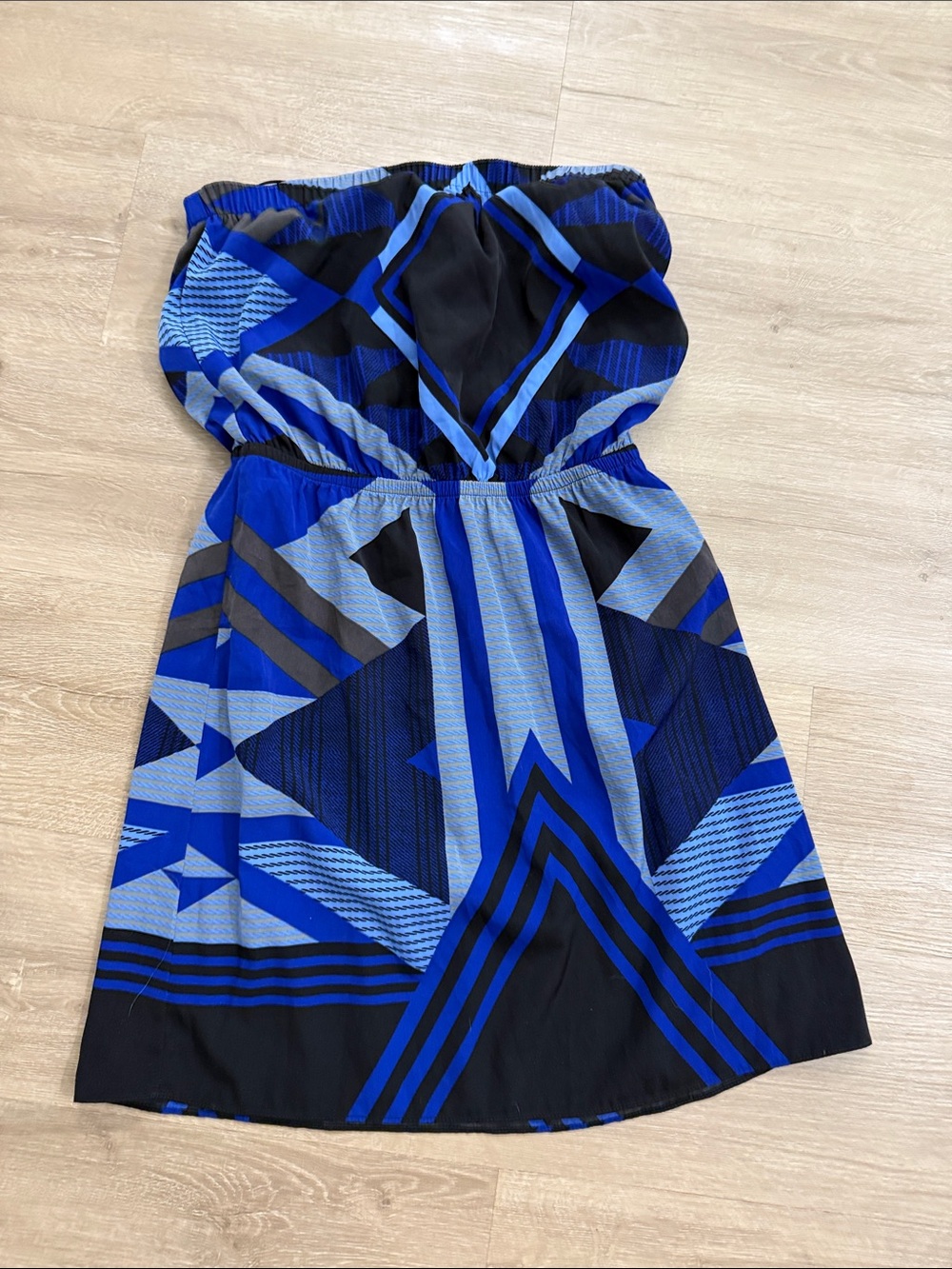 Express Strapless Dress in Blue and Black Geometric Print